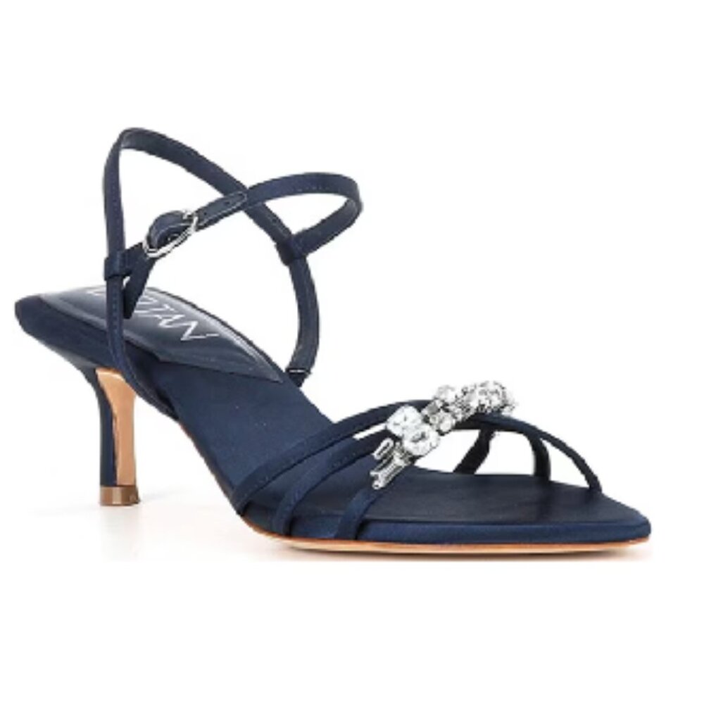 DELTAN - Aria Satin Jewel Ornament Dress Sandals in Navy Blue
